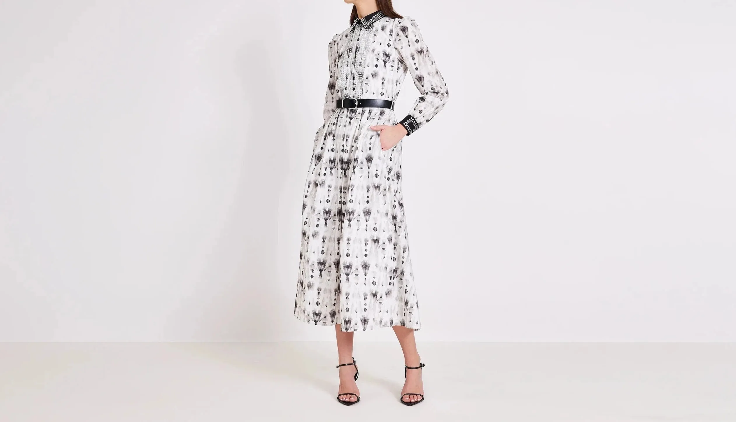 Black Printed Cotton With Metal Studs Midi Dress