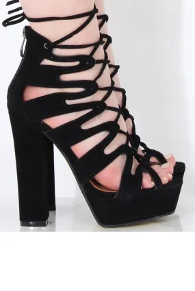 Black Suede Lace Up Platform Heels - Katrina