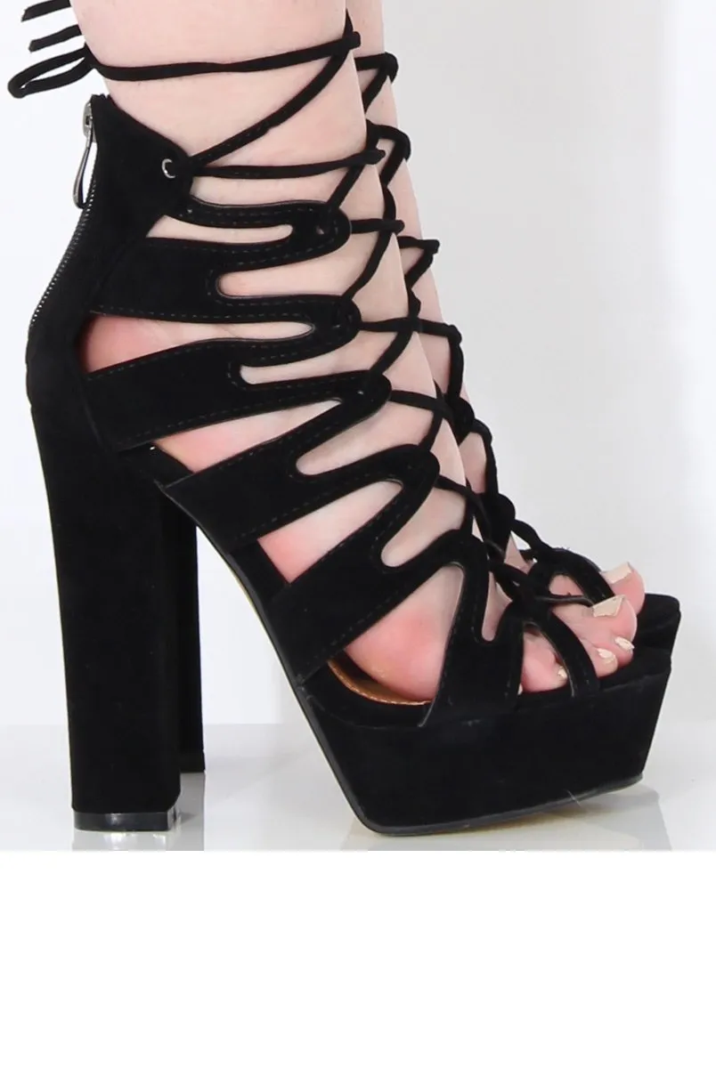 Black Suede Lace Up Platform Heels - Katrina