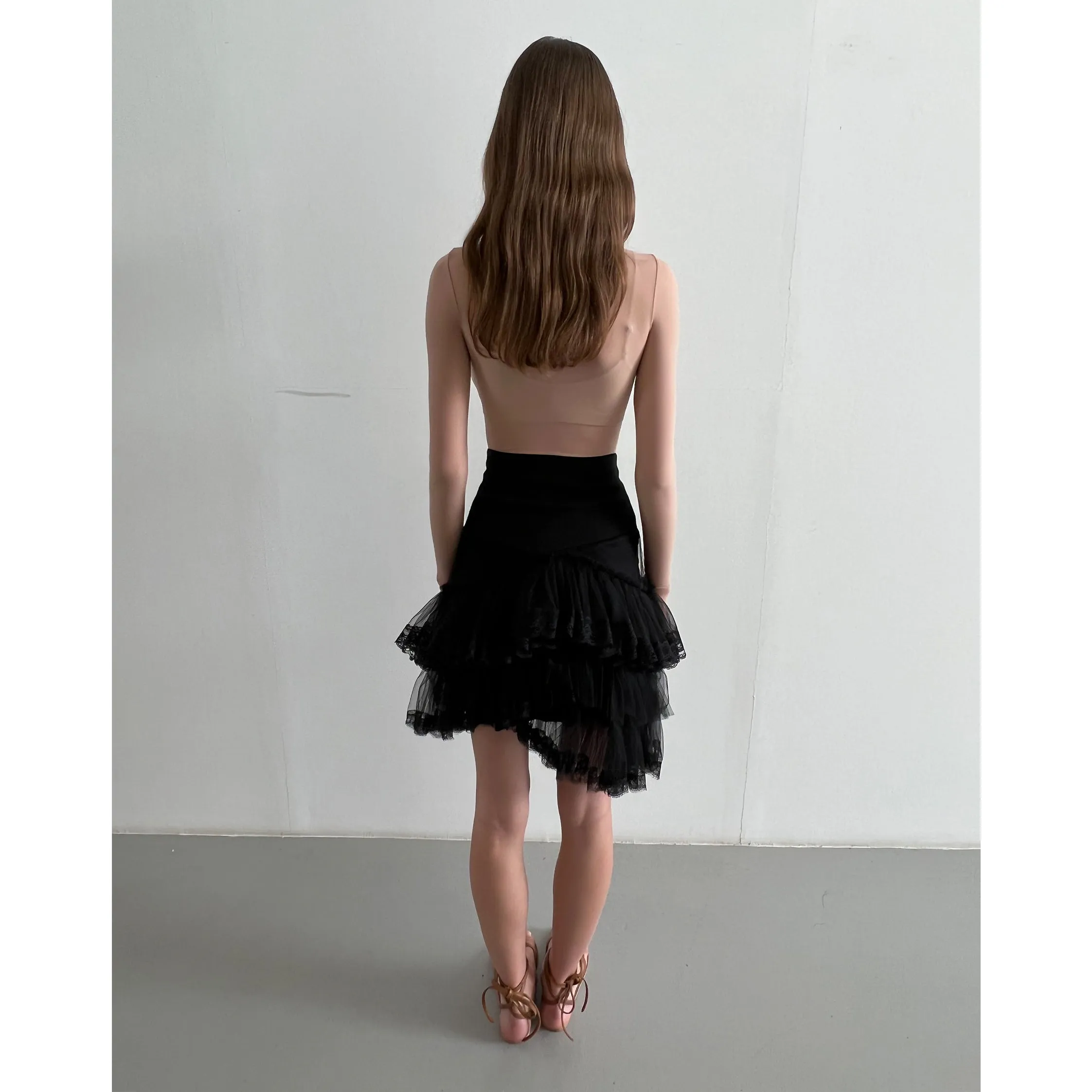 Black Tulle And Lace Mini Skirt With Sculpting Waistband