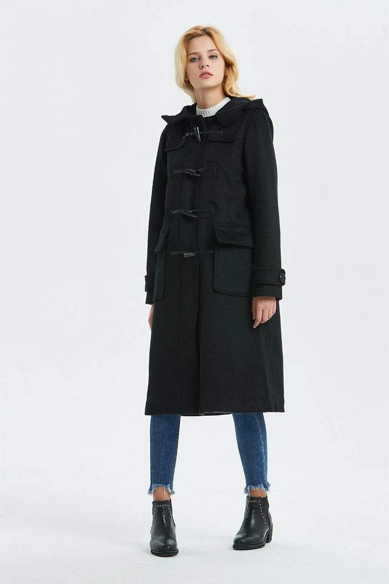 Black wool coat, duffle coat, Hooded coat, winter coat, womens coat, Toggle coat, casual coat, loose coat, warm coat, pockets coat C1316