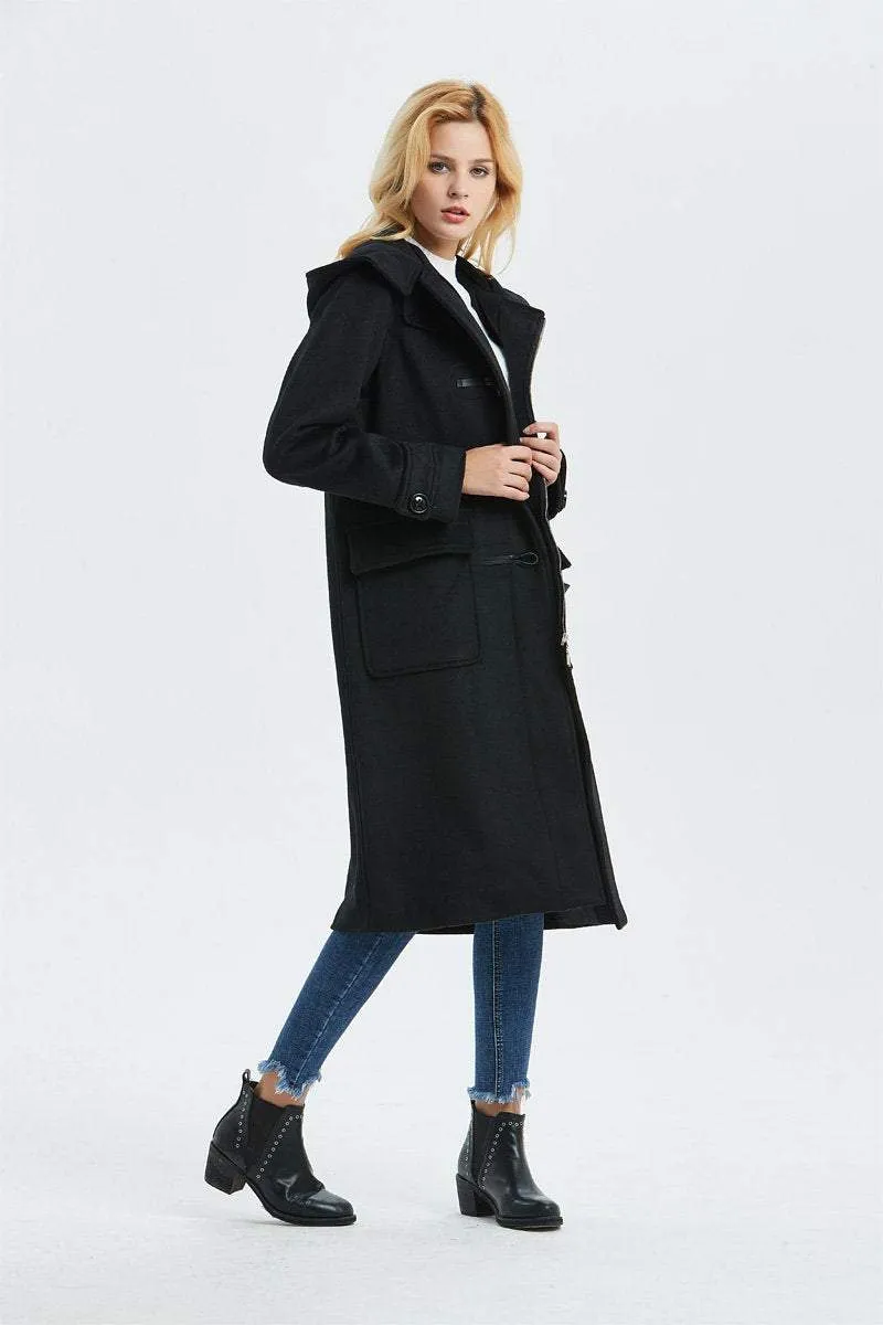 Black wool coat, duffle coat, Hooded coat, winter coat, womens coat, Toggle coat, casual coat, loose coat, warm coat, pockets coat C1316