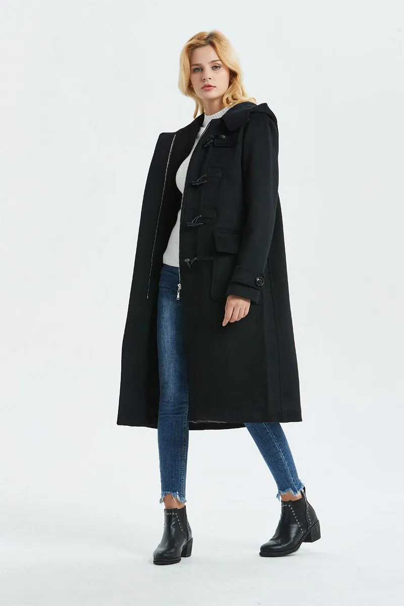 Black wool coat, duffle coat, Hooded coat, winter coat, womens coat, Toggle coat, casual coat, loose coat, warm coat, pockets coat C1316