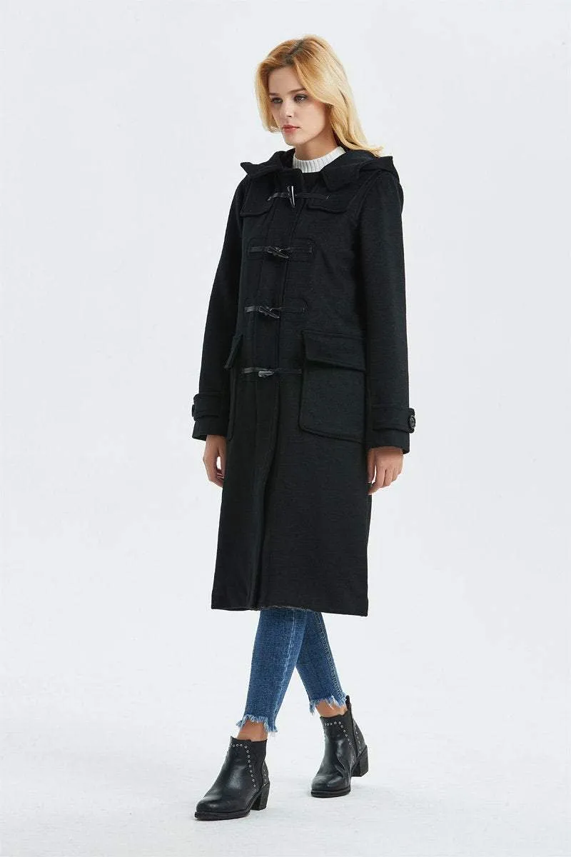 Black wool coat, duffle coat, Hooded coat, winter coat, womens coat, Toggle coat, casual coat, loose coat, warm coat, pockets coat C1316