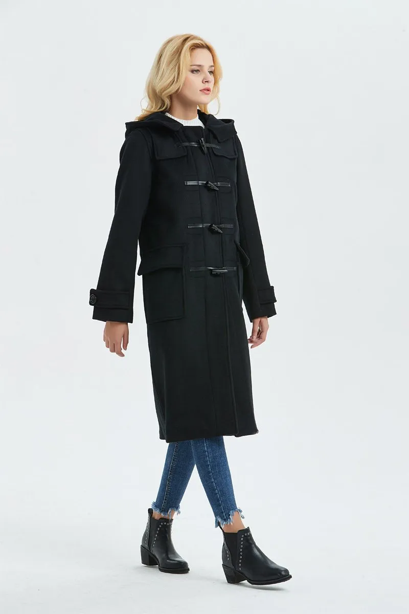 Black wool coat, duffle coat, Hooded coat, winter coat, womens coat, Toggle coat, casual coat, loose coat, warm coat, pockets coat C1316