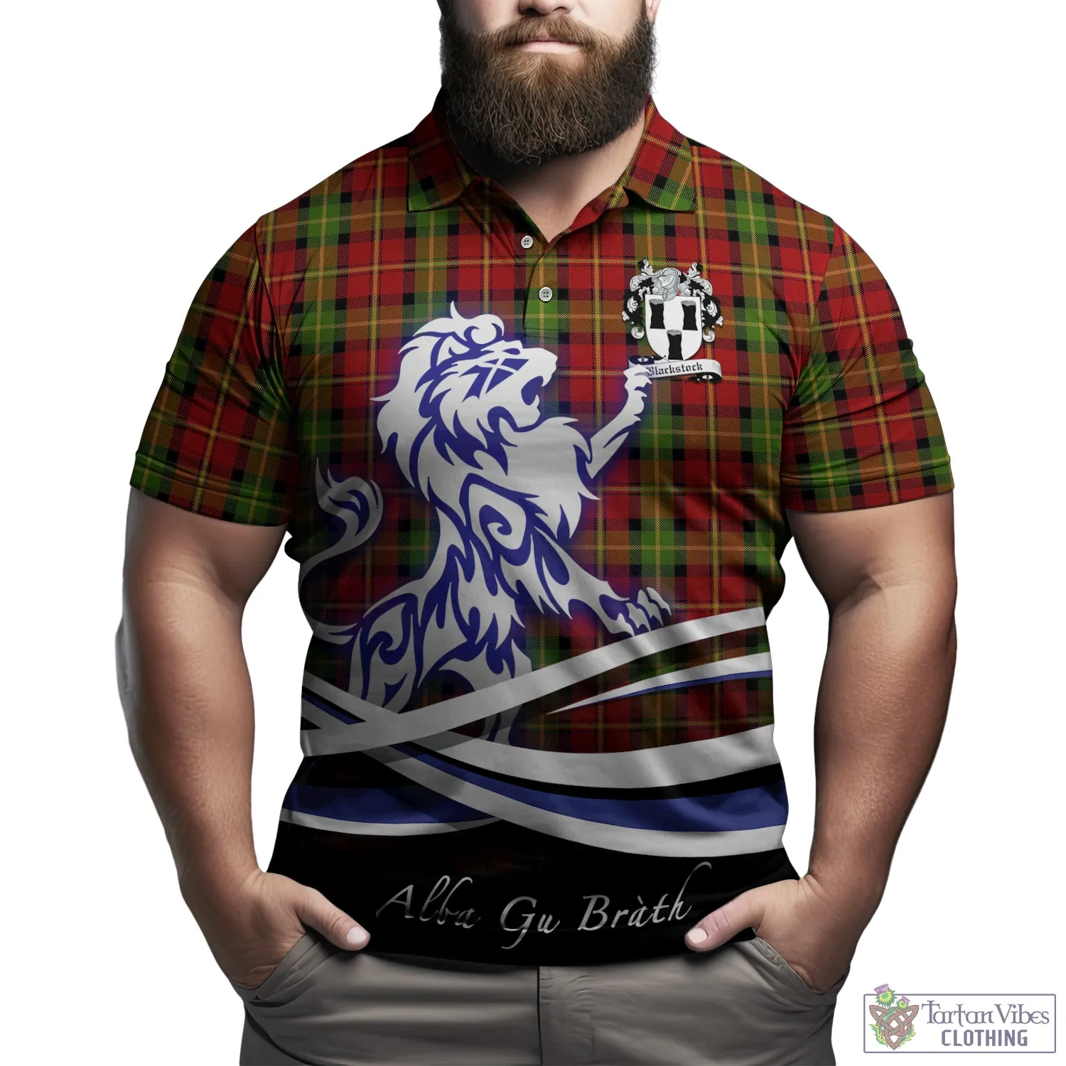 Blackstock Red Dress Tartan Polo Shirt with Alba Gu Brath Regal Lion Emblem