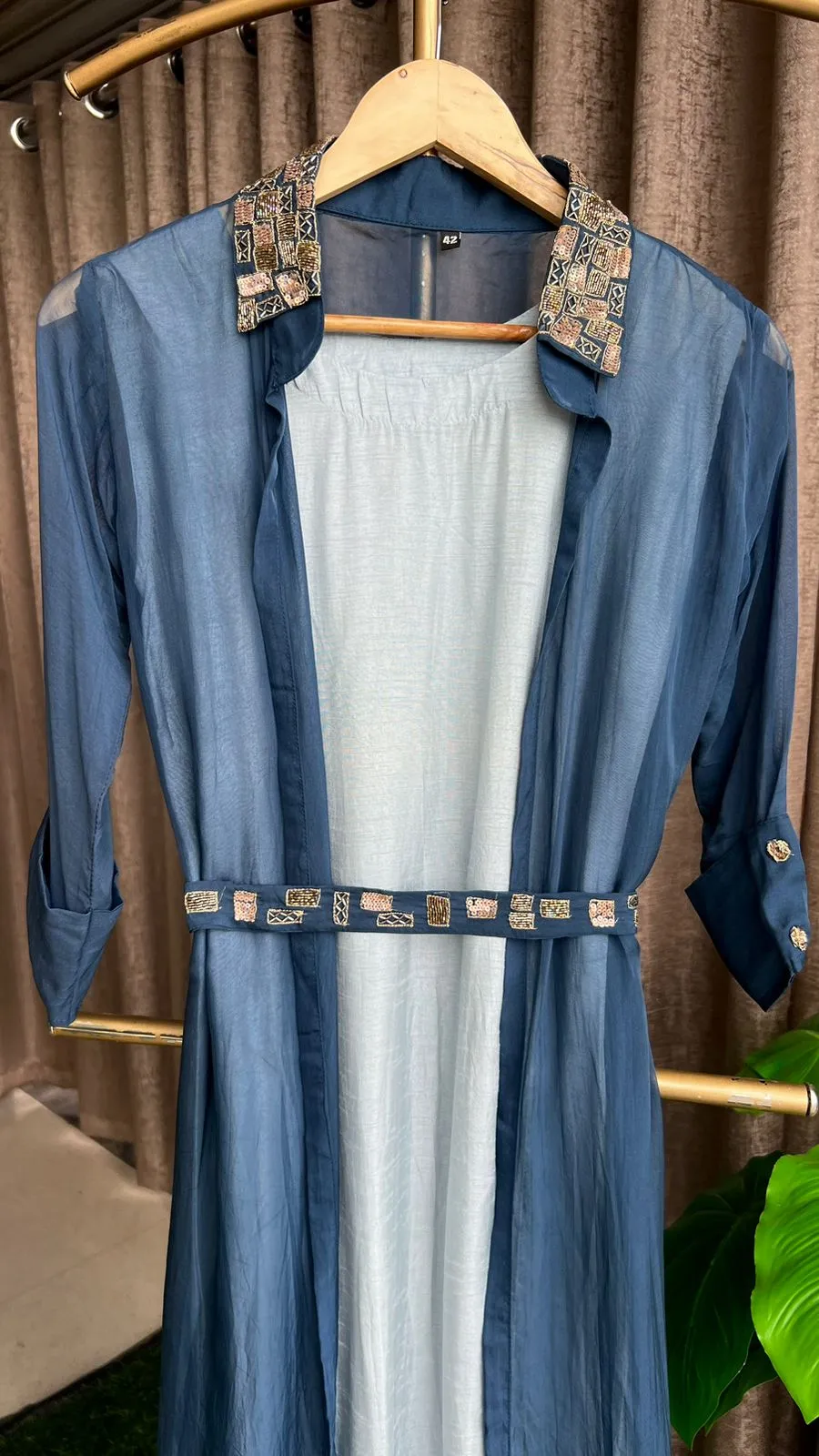 Blue hand work embroidery 2 piece coat set