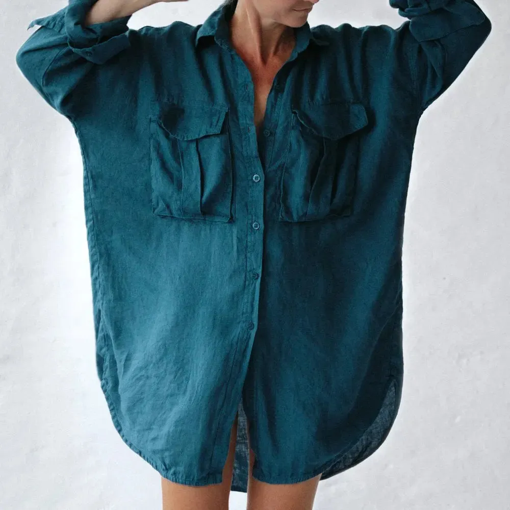 Blue linen shirt supersize with pockets by Seaside Tones