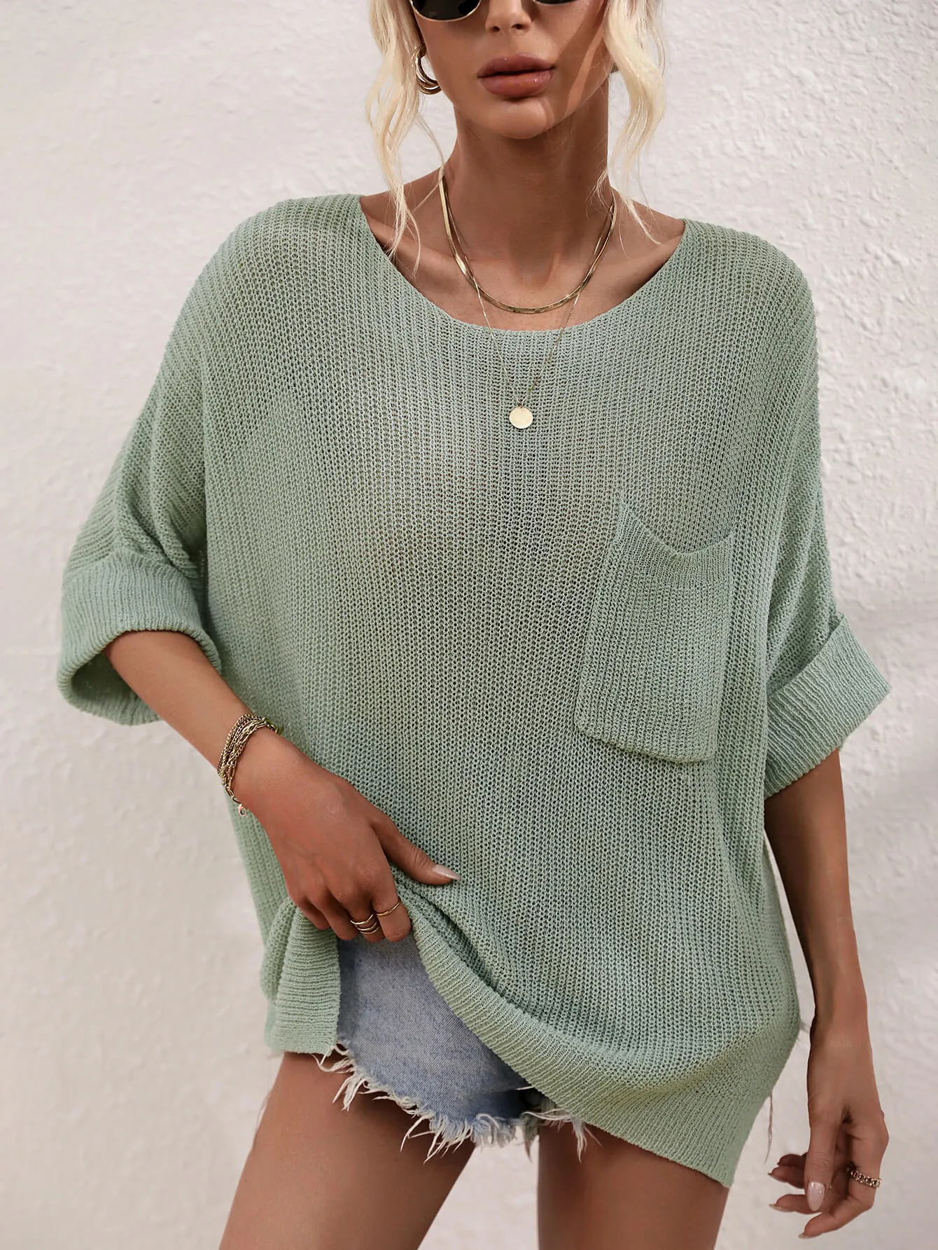 Boat Neck Cuffed Sleeve Slit Tunic Knit Top in 4 colors