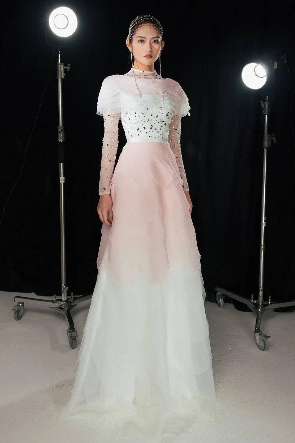 Bonilla Layered Long Sleeved Organza Floor Length Dress