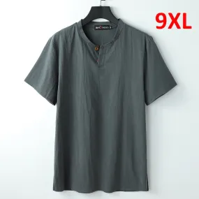 Bonsir 9XL Linen T-shirt Men Summer Solid Color Tshirt Fashion Casual Linen Tees Tops Male Henley Collar T Shirt Plus Size 8XL 9XL