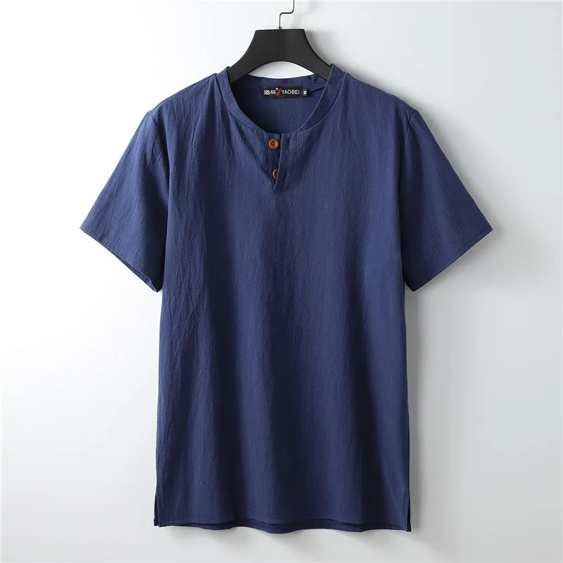 Bonsir 9XL Linen T-shirt Men Summer Solid Color Tshirt Fashion Casual Linen Tees Tops Male Henley Collar T Shirt Plus Size 8XL 9XL