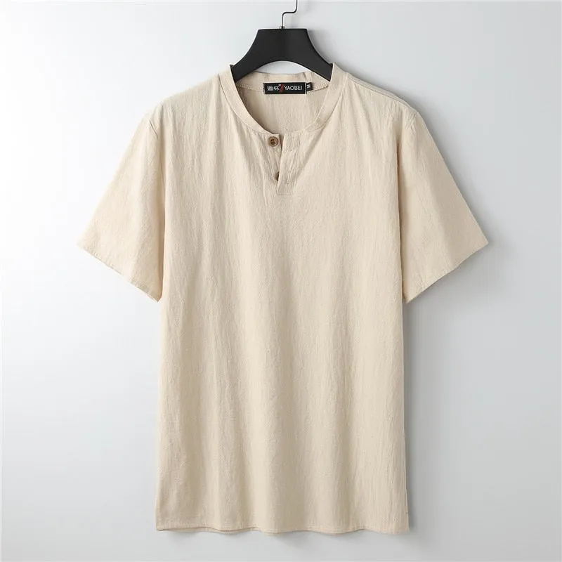 Bonsir 9XL Linen T-shirt Men Summer Solid Color Tshirt Fashion Casual Linen Tees Tops Male Henley Collar T Shirt Plus Size 8XL 9XL