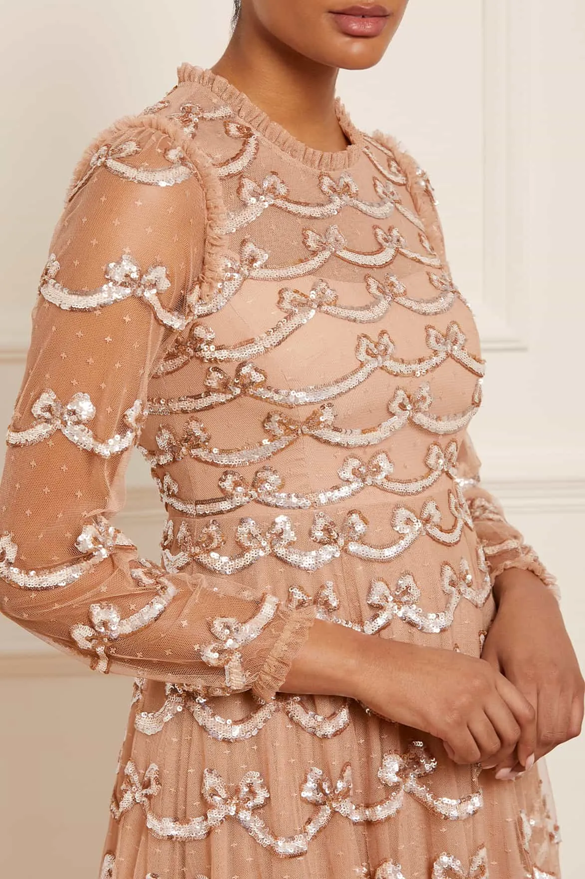 Bow Sequin Long Sleeve Gown