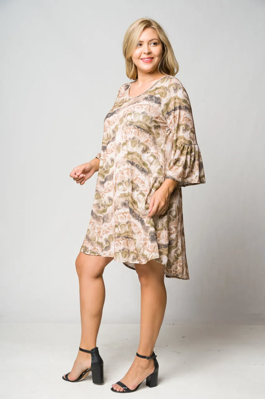 Brown Tie Dye Bell Sleeve Tunic Dress