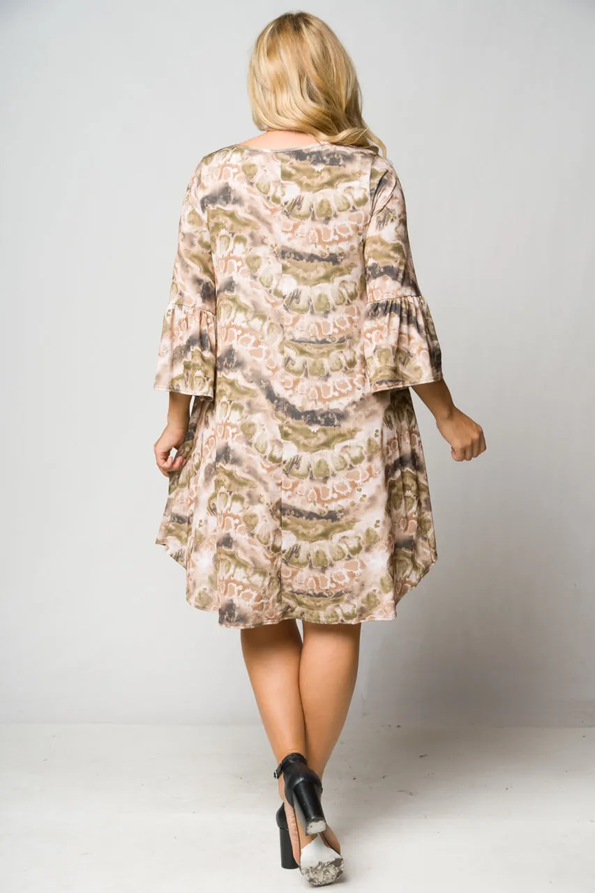 Brown Tie Dye Bell Sleeve Tunic Dress