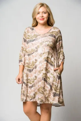 Brown Tie Dye Bell Sleeve Tunic Dress