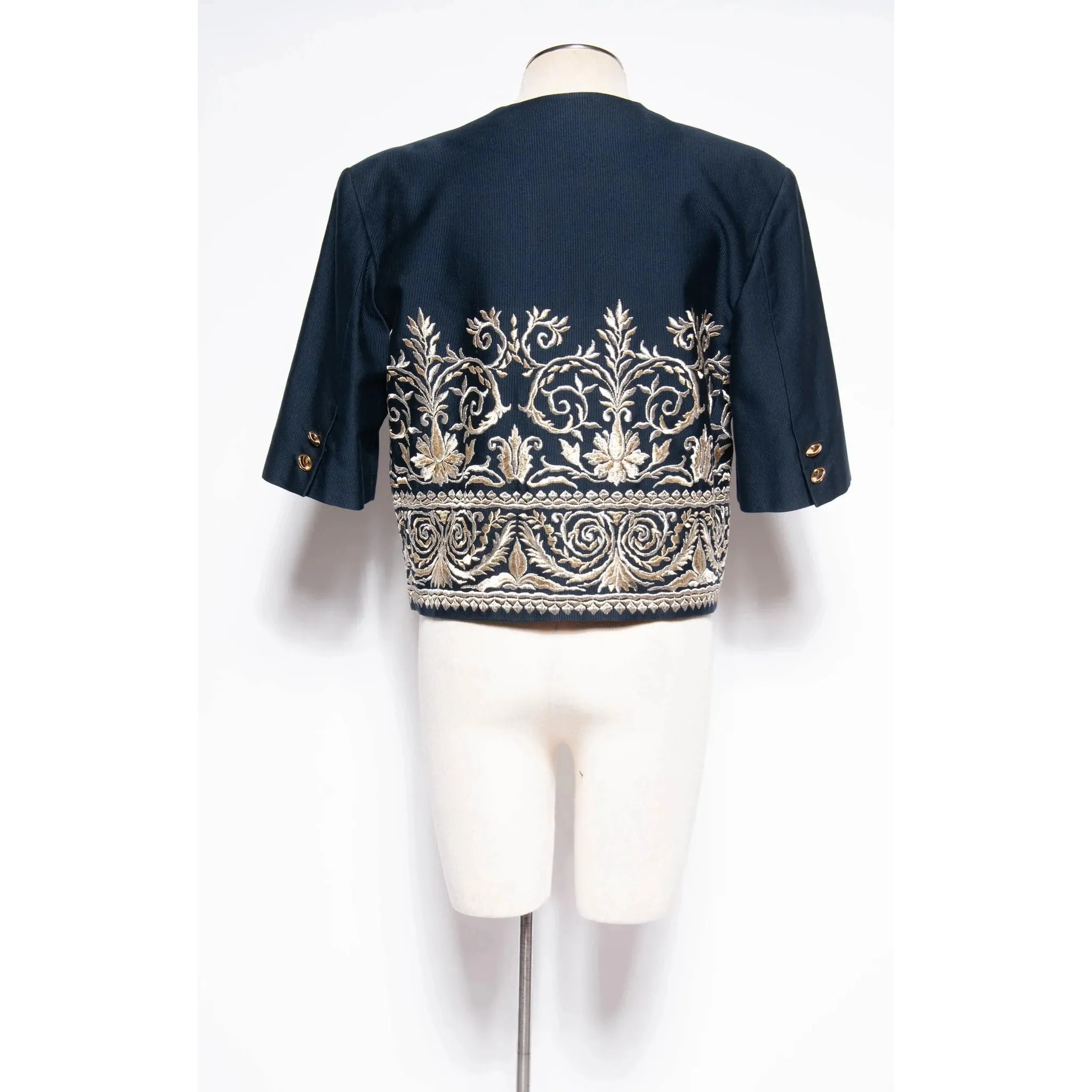 BYBLOS Vintage Navy Cotton Cropped Jacket with Gold and Silver Embroidery | Large