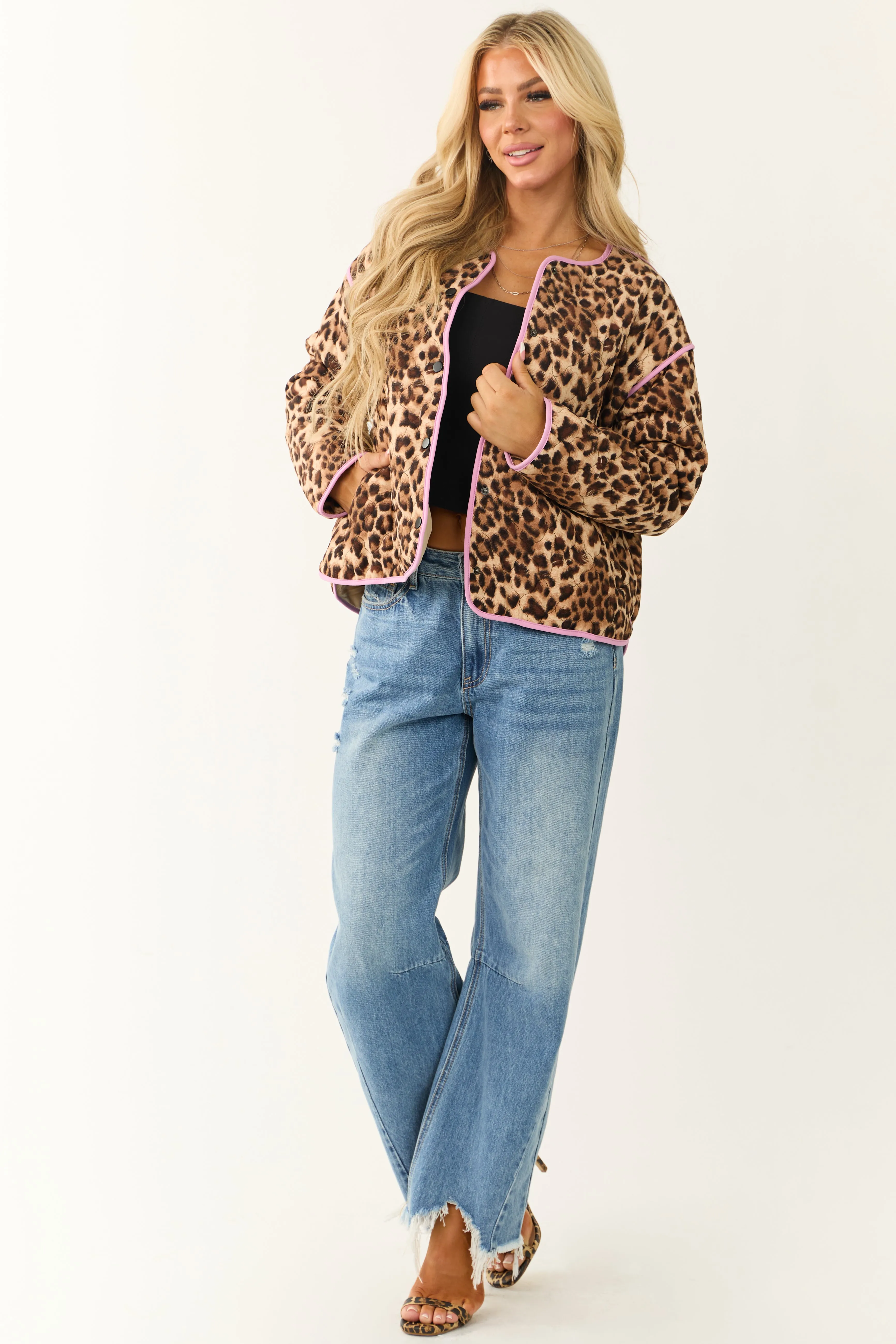 Camel Leopard Print Contrast Trim Jacket