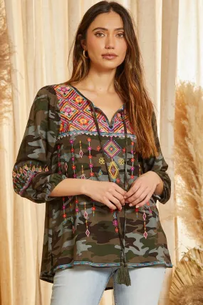 Camo Embroidered Keyhole Top