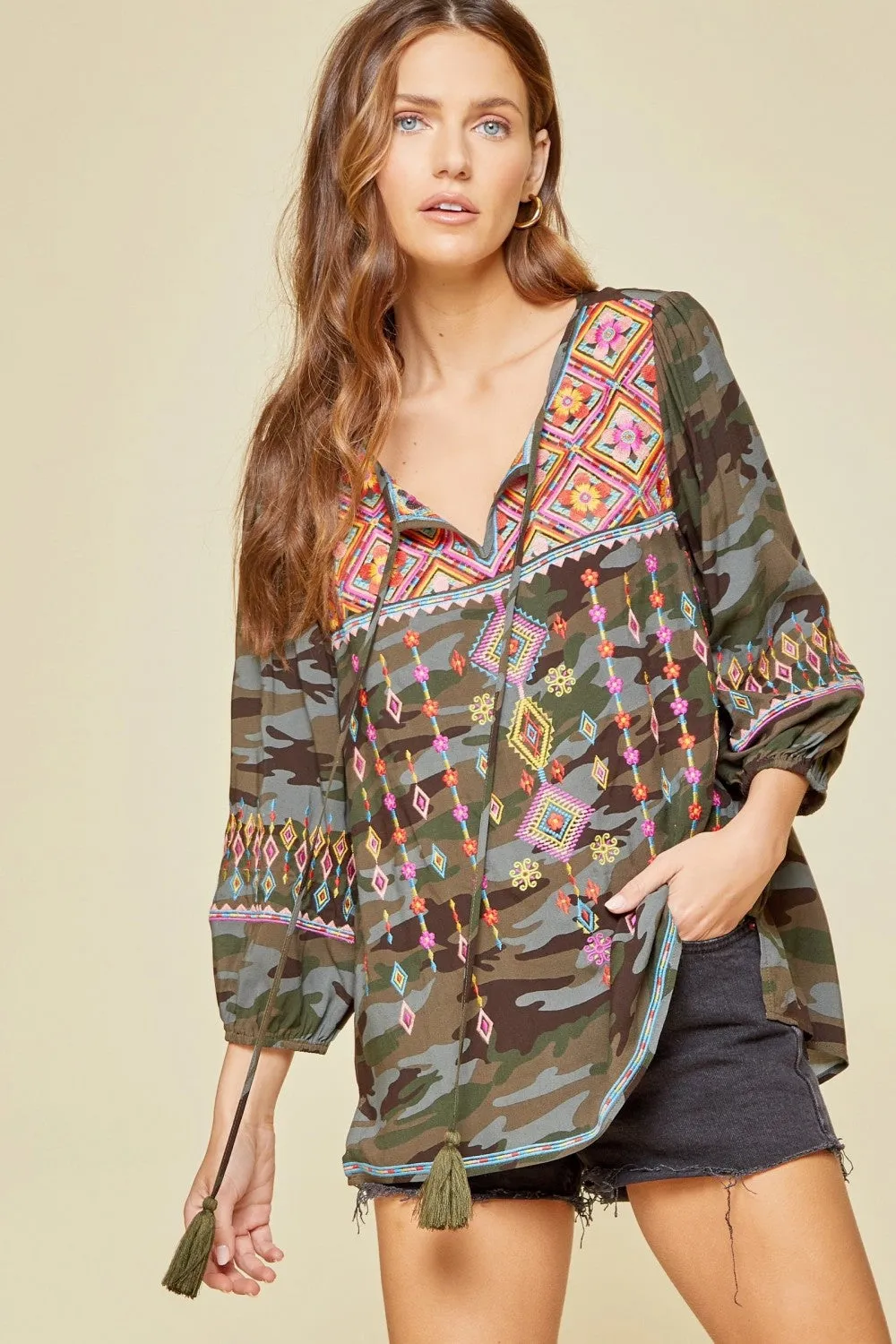 Camo Embroidered Keyhole Top