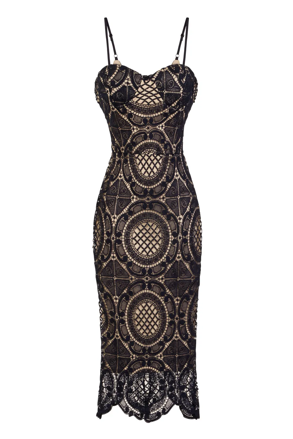 Casey Navy & Nude Bustier Crochet Bodycon Midi Dress