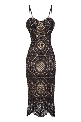 Casey Navy & Nude Bustier Crochet Bodycon Midi Dress