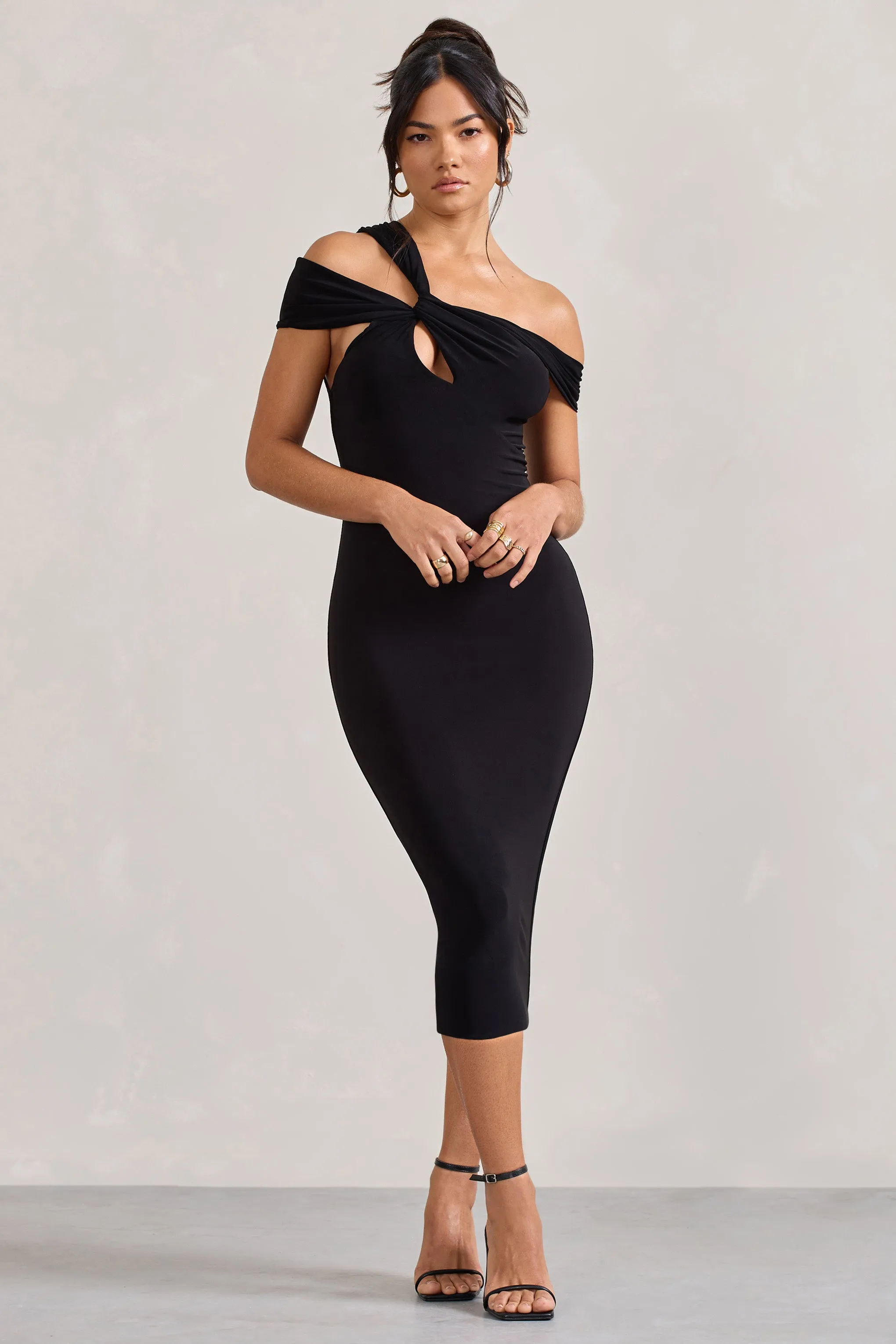 Chain Reaction | Black Strappy Asymmetric Bodycon Midi Dress