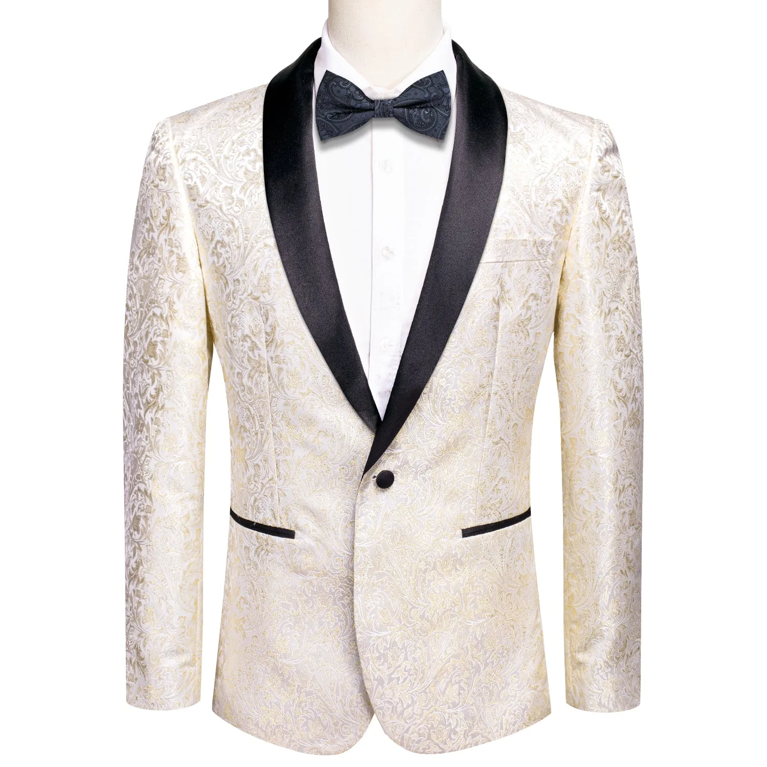 Champagne Embroidered Floral Men's Suit Black Collar for Party