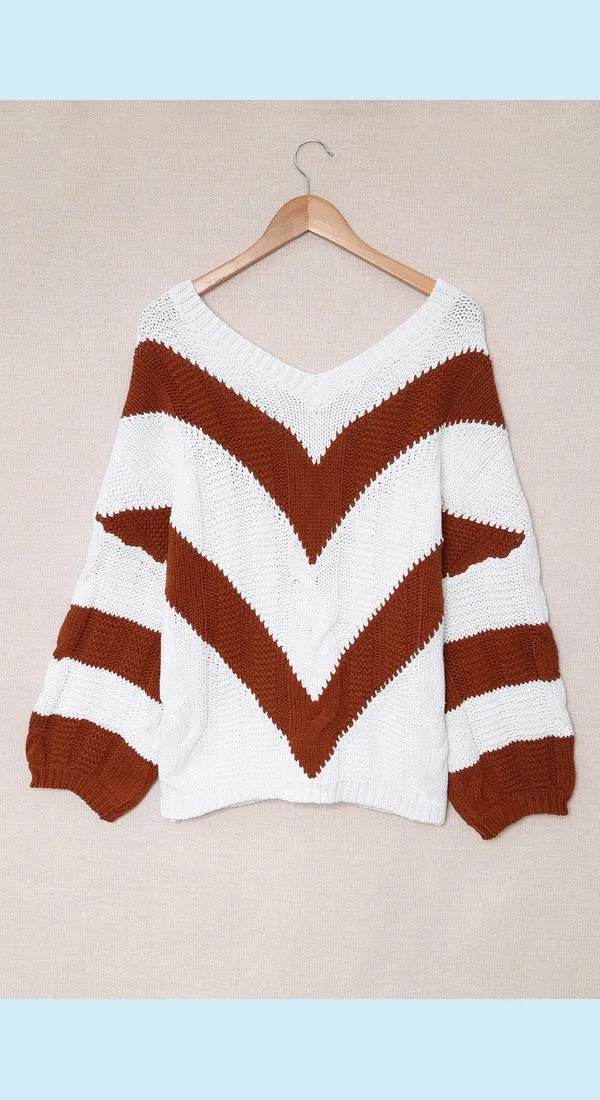 Chevron Cable-Knit V-Neck Tunic Sweater