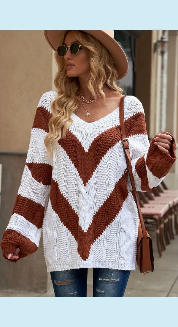 Chevron Cable-Knit V-Neck Tunic Sweater