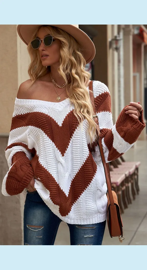 Chevron Cable-Knit V-Neck Tunic Sweater