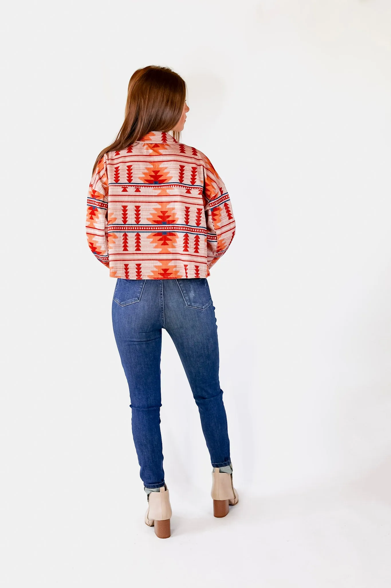 Chic Discovery Button Up Corduroy Aztec Print Jacket with Crystal Fringe in Orange Mix