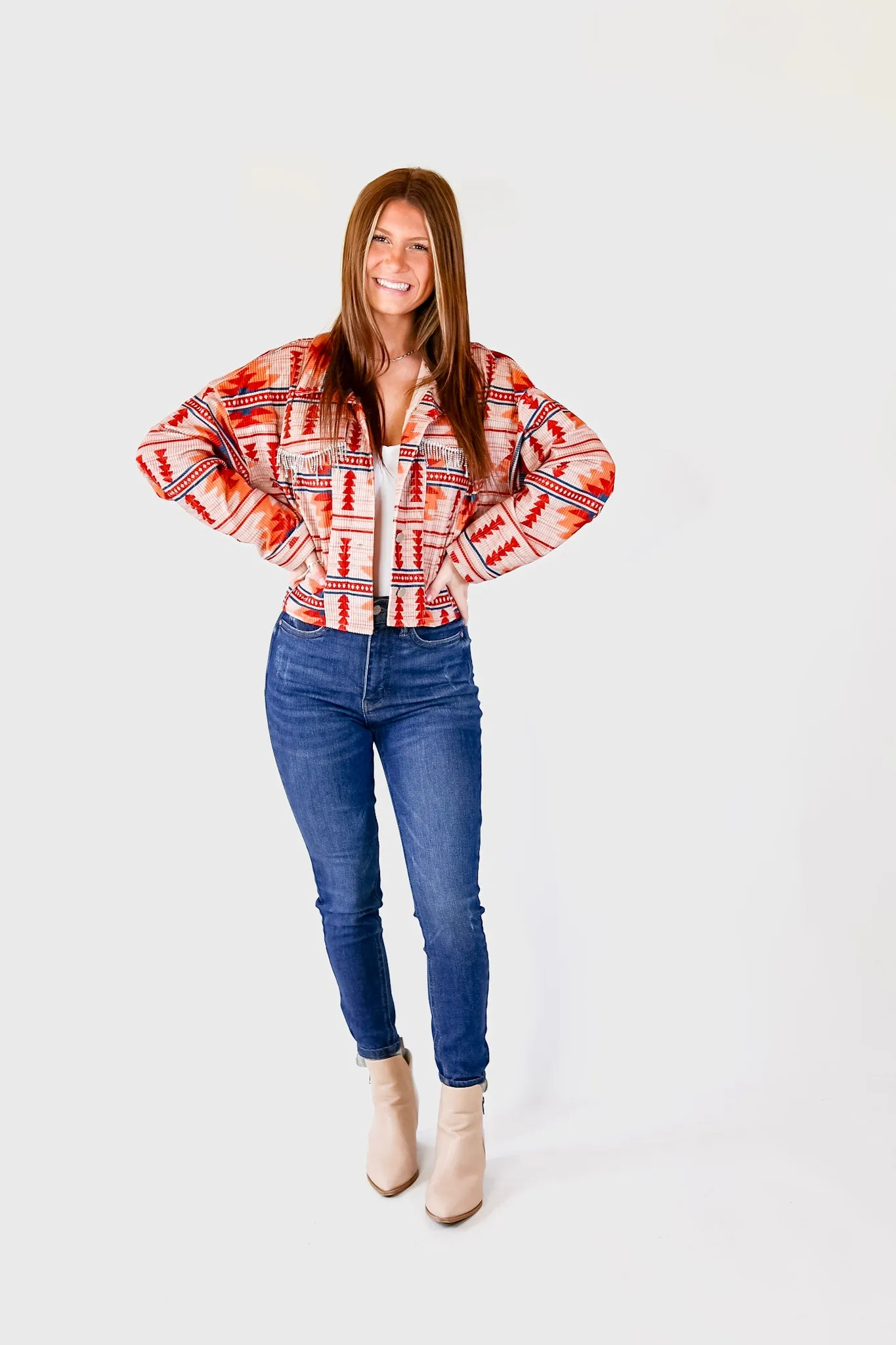 Chic Discovery Button Up Corduroy Aztec Print Jacket with Crystal Fringe in Orange Mix