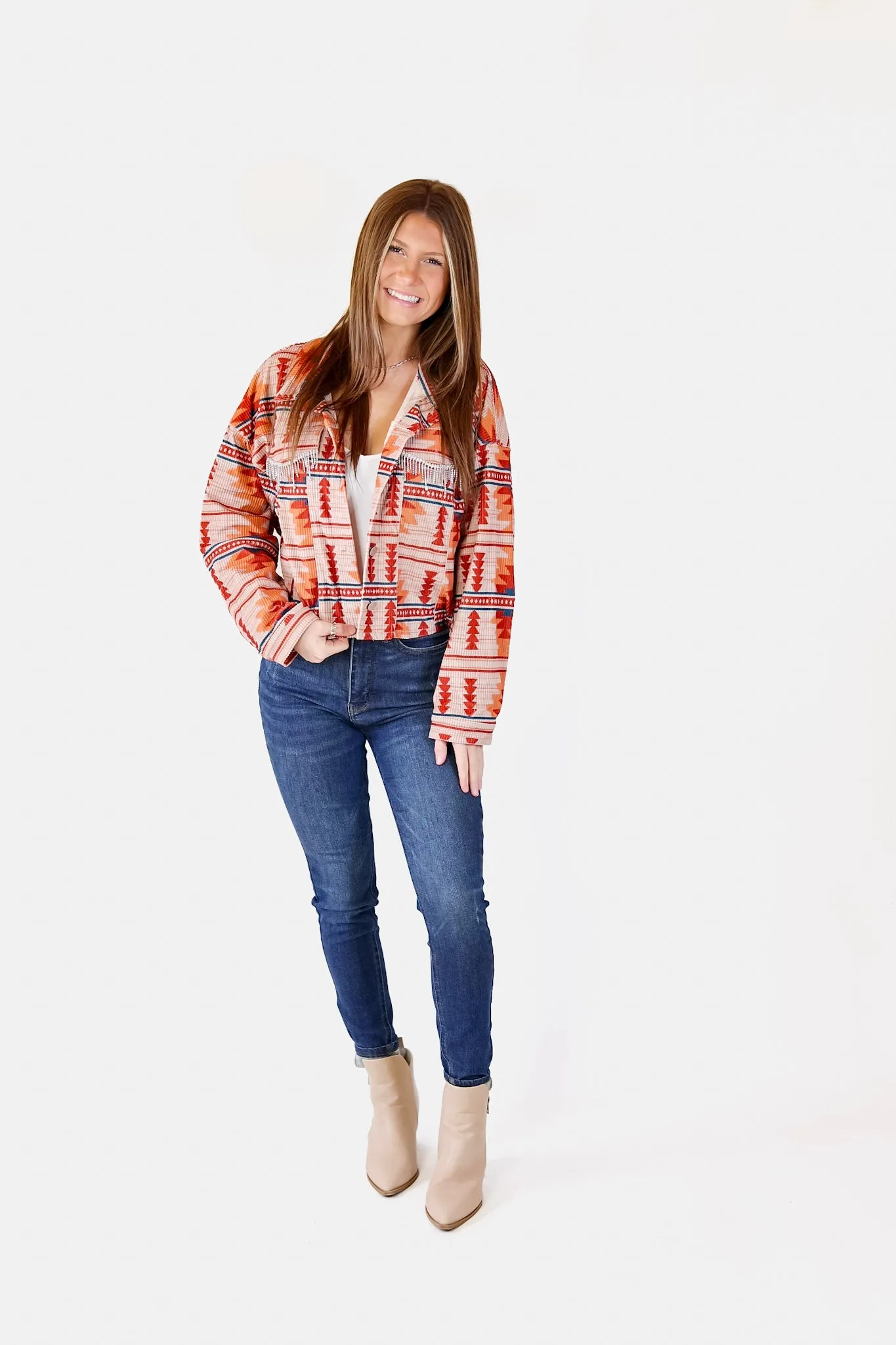 Chic Discovery Button Up Corduroy Aztec Print Jacket with Crystal Fringe in Orange Mix