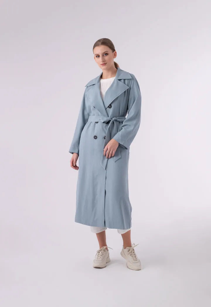 Choice Double Breasted 6-Button Notched Lapel Trench Coat Blue