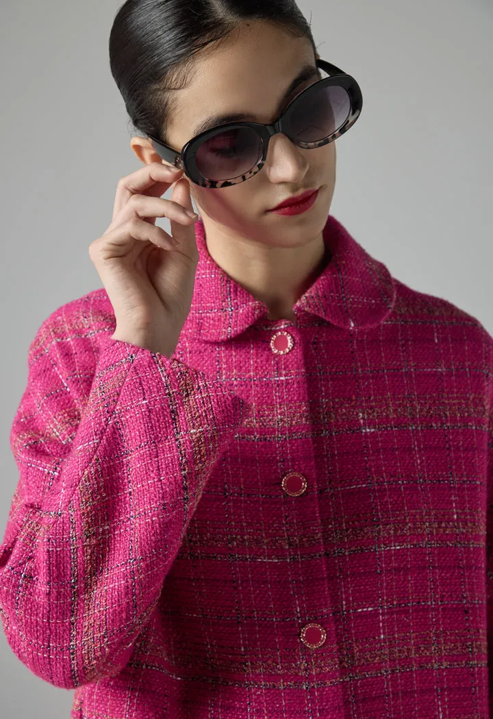 Choice Long Sleeve Tweed Trench Coat Fuchsia