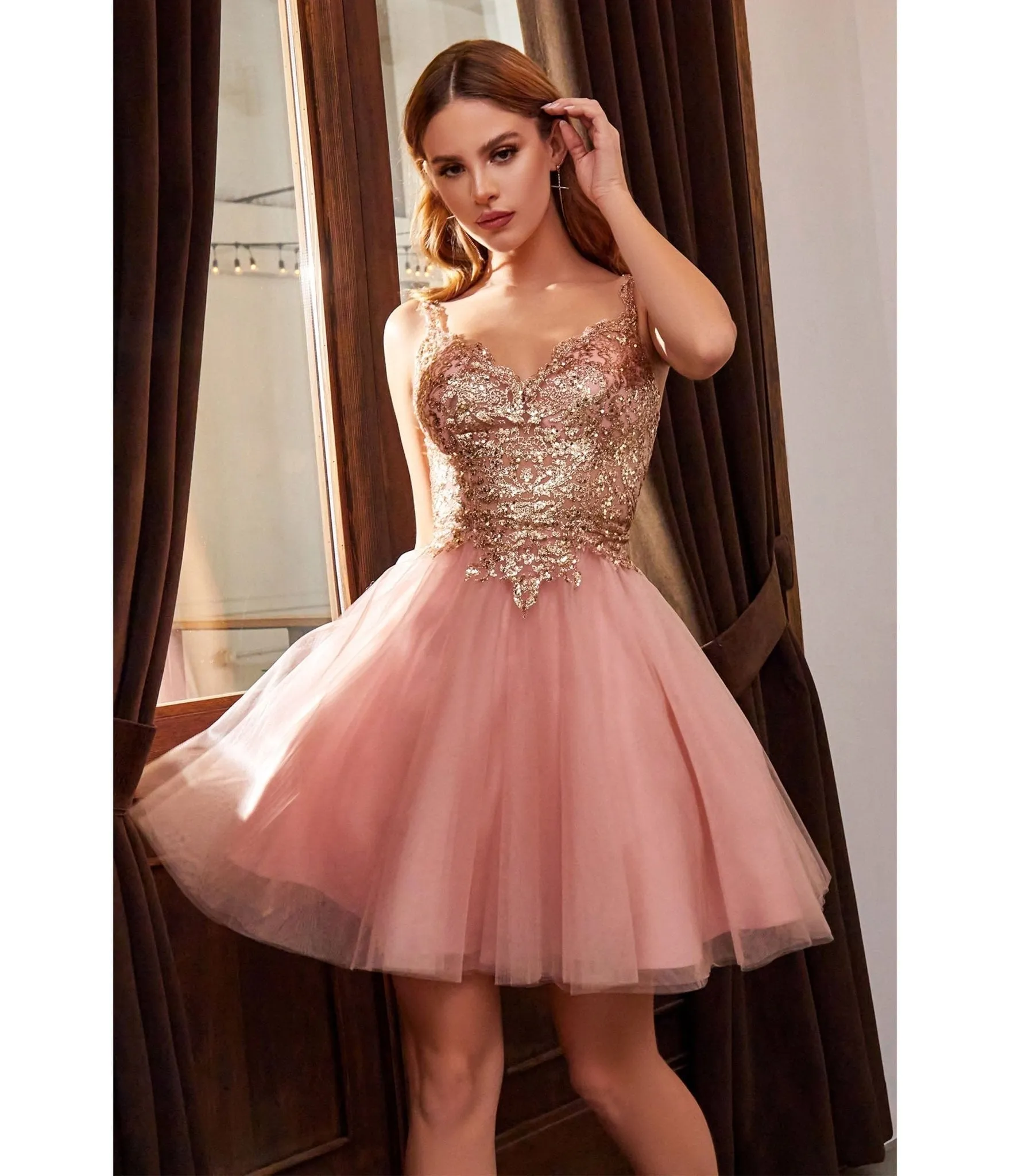 Cinderella Divine  Rose Gold Embellished Tulle Mini Homecoming Dress