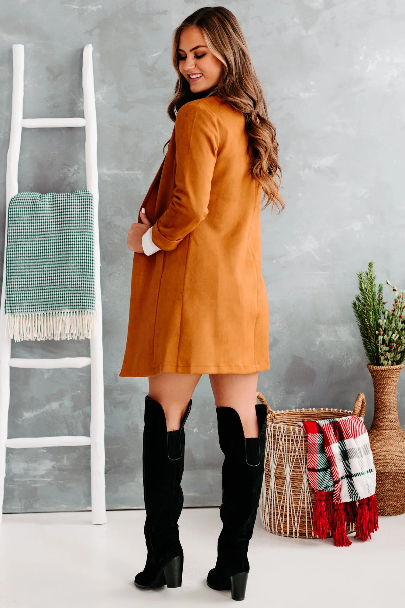 City Girl Chic Faux Suede Open Front Coat (Cognac)