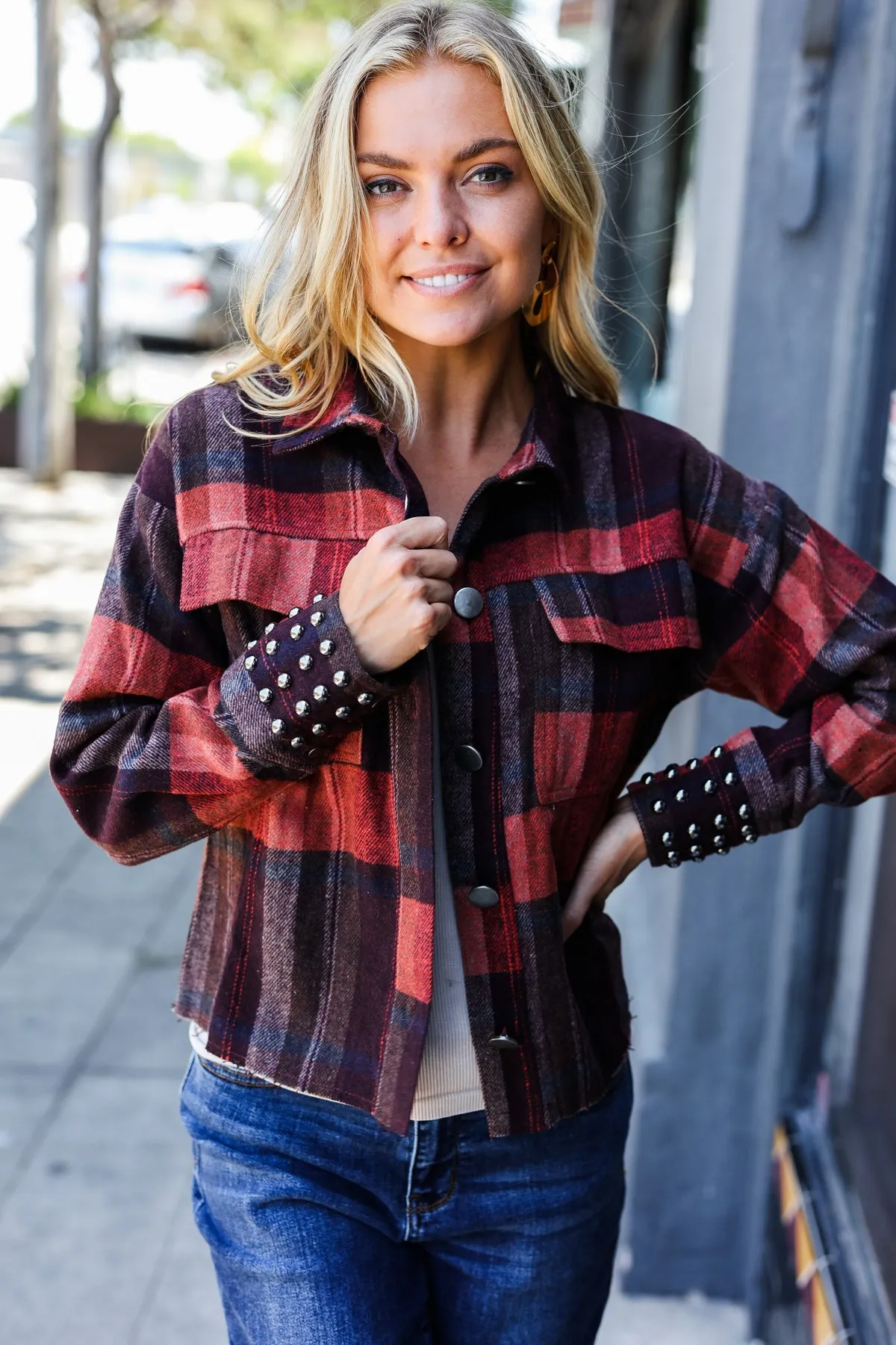 City Streets Burgundy & Rust Plaid Studded Cropped Jacket