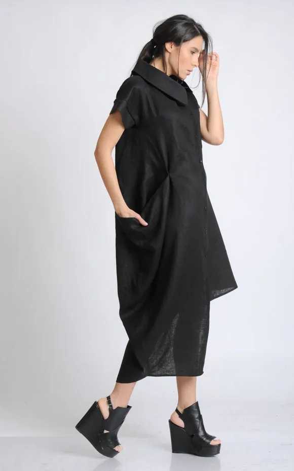 Collared Linen Shirt Dress In Black