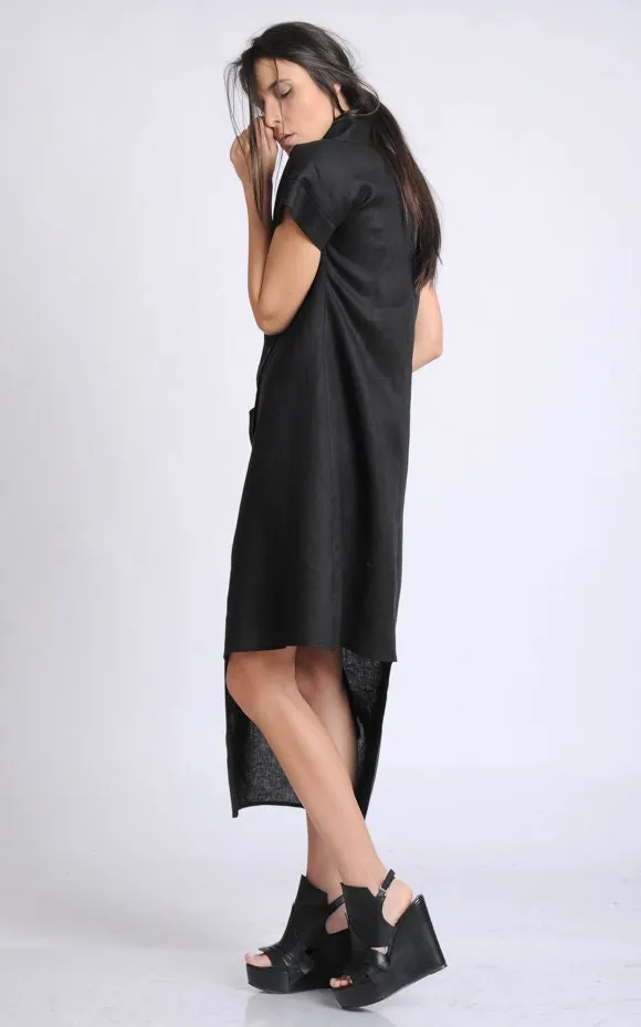 Collared Linen Shirt Dress In Black