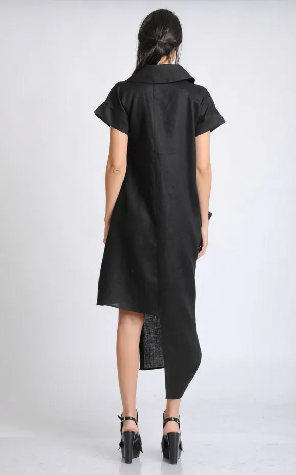 Collared Linen Shirt Dress In Black