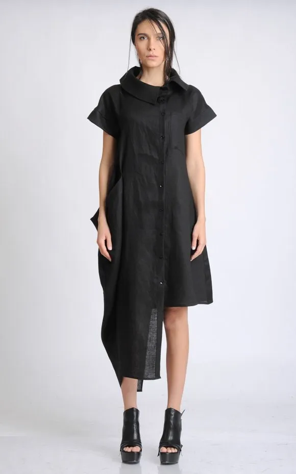 Collared Linen Shirt Dress In Black