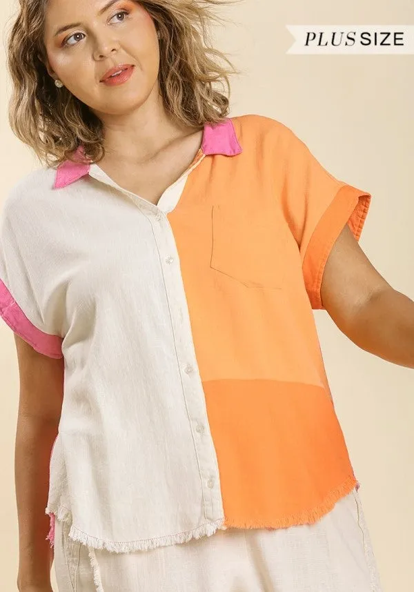 Color Block Gauze Top, Orange