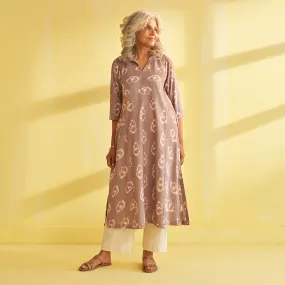 Cotton Long Kurta for Women | Ikat Print | Light Brown & White