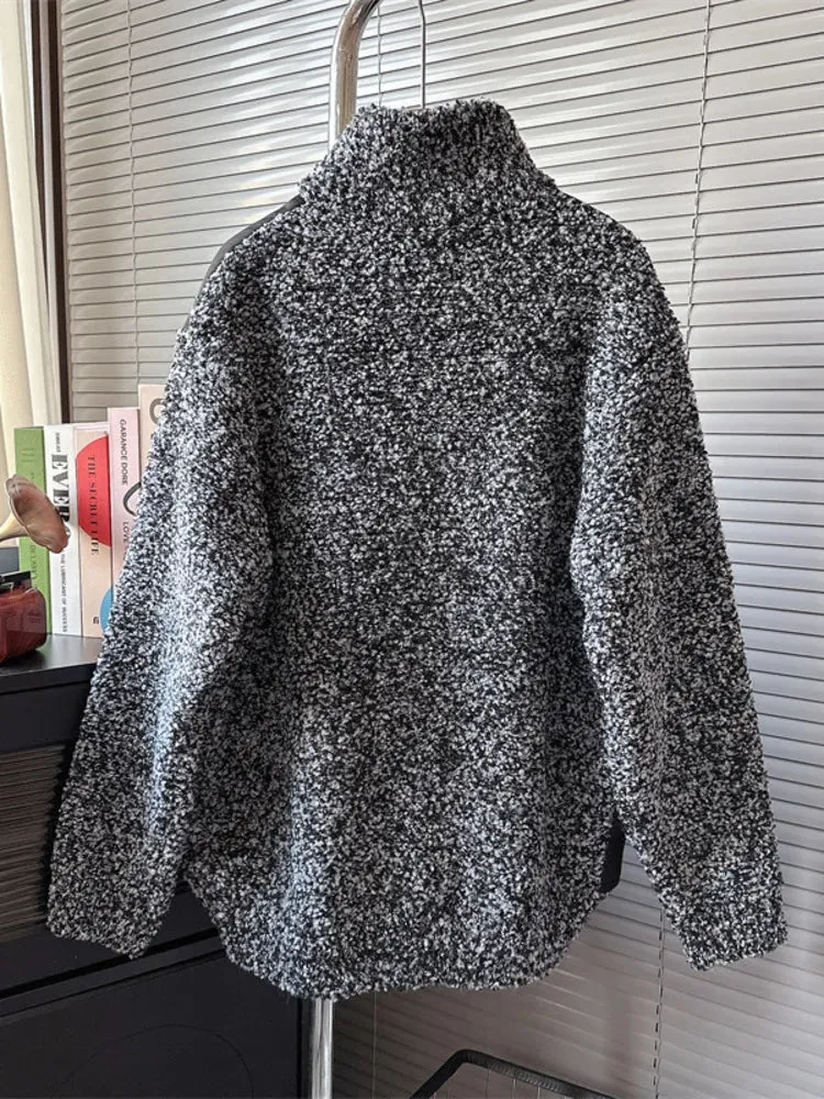 Cotton Padded Patchwork Top Women's Black Loose Stand Collar Zipper Knitted Sweater Coat