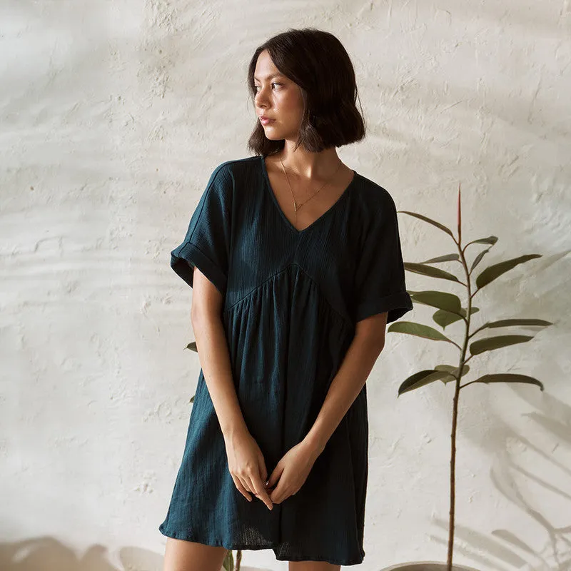 Cotton Solid Short Dress For Women | Relaxed Fit | Teal