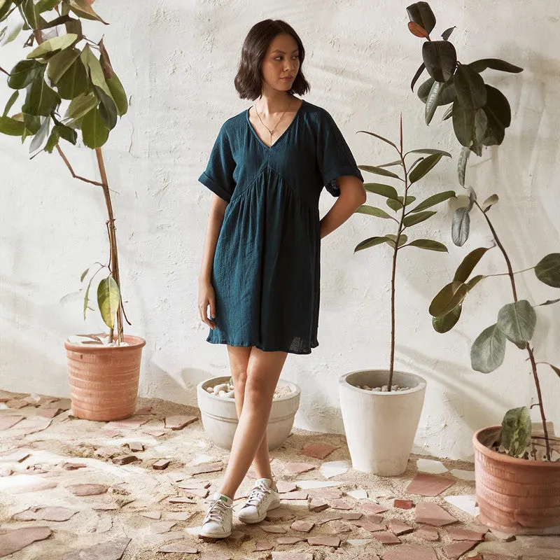 Cotton Solid Short Dress For Women | Relaxed Fit | Teal