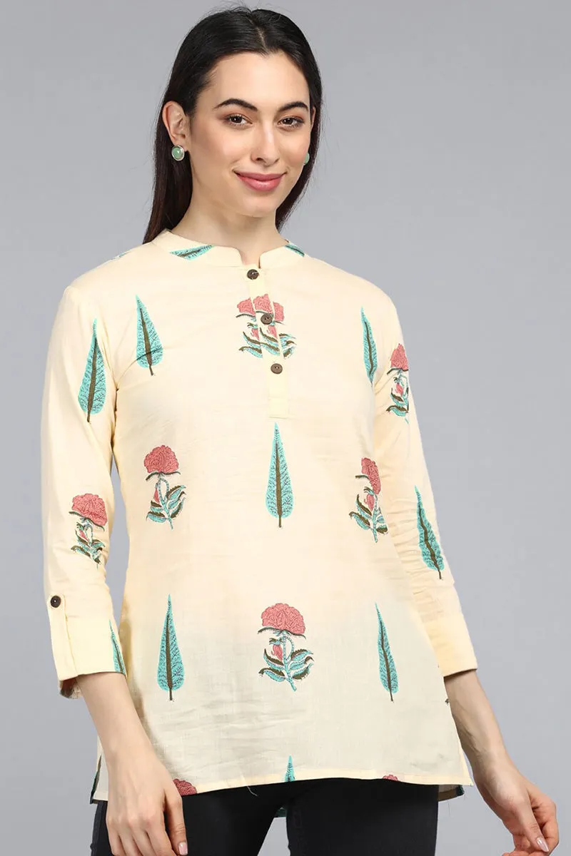 Cream Cotton Ethnic Motifs Regular Tunic Top